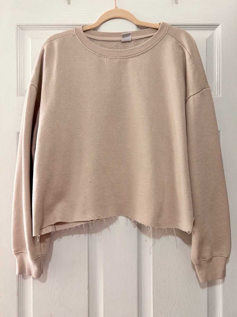 Jo.&co Beige Cropped Raw Hem Fleece Pullover Sweatshirt XL Long Sleeve